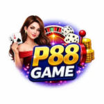 P88 Game logo featuring a woman holding playing cards, casino chips, dice, and gold coins with colorful glowing background.